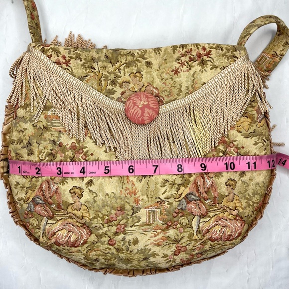 Vintage Daphne Canvas Tassel Pastel Crossbody Purse Cottage Fringe Pink Antique - Picture 9 of 10